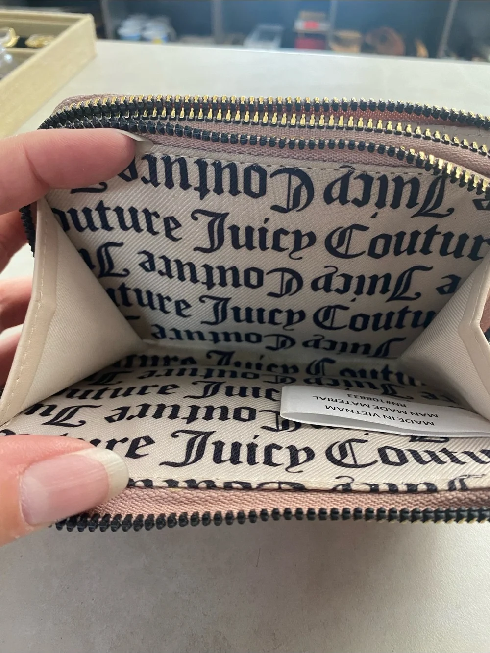 Juicy Couture Dusty Rose Logo Heart Zip Wallet with Gold Accents